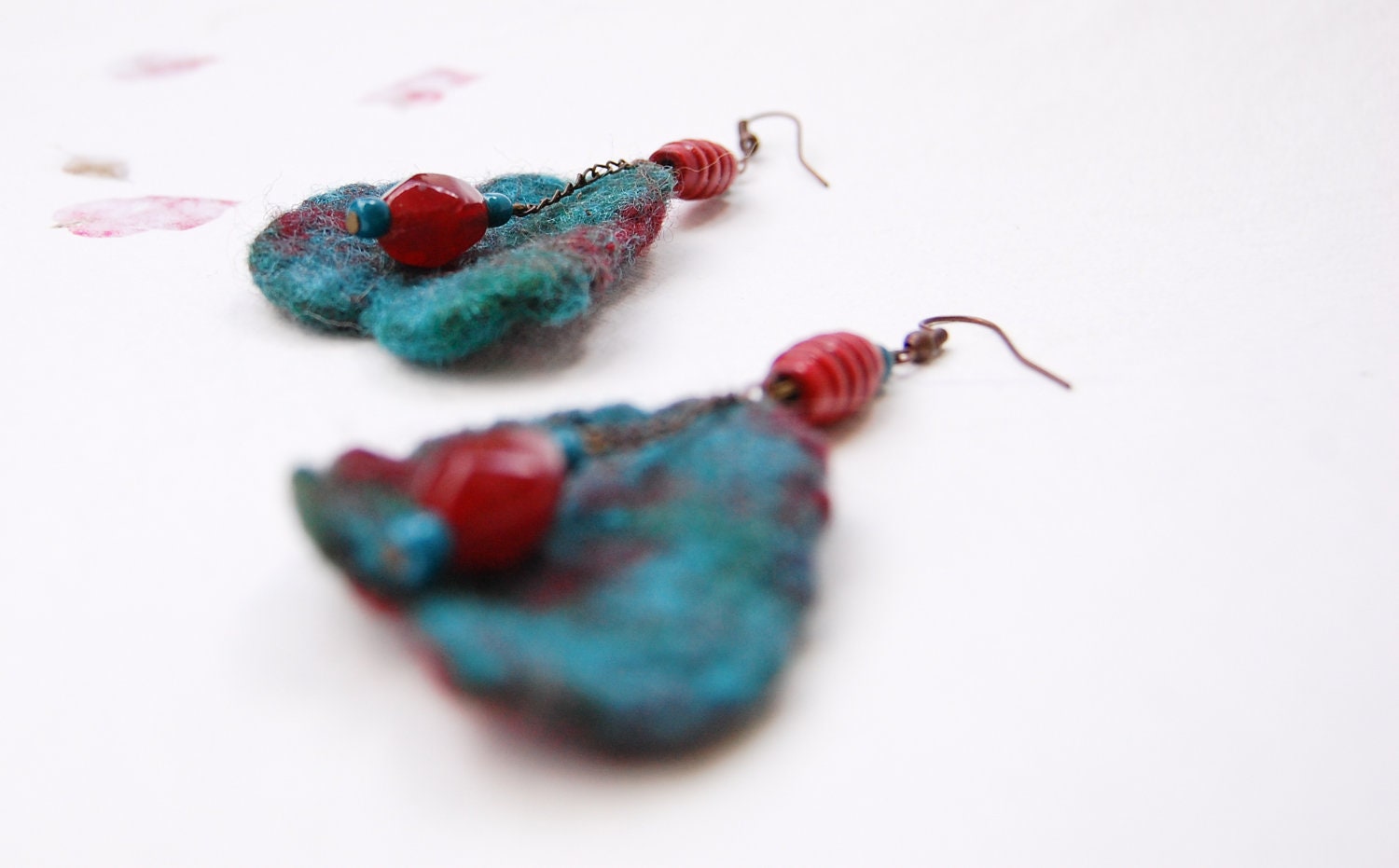 Teal Blue and Red Felt Earrings - Soft Fiber Dangle Earrings - OOAK Artsy Felt Jewelry