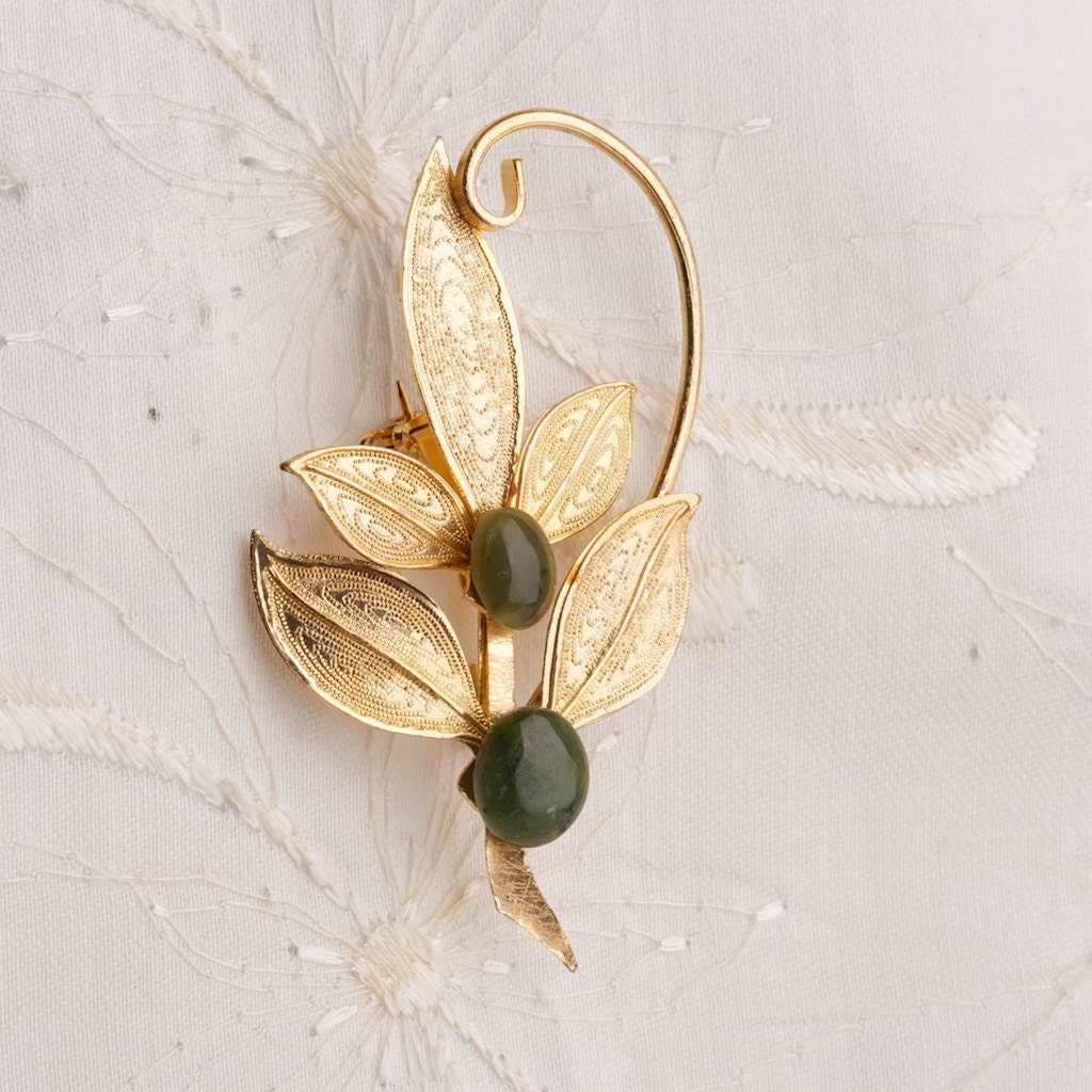 Vintage Gold Tone and Jade Brooch
