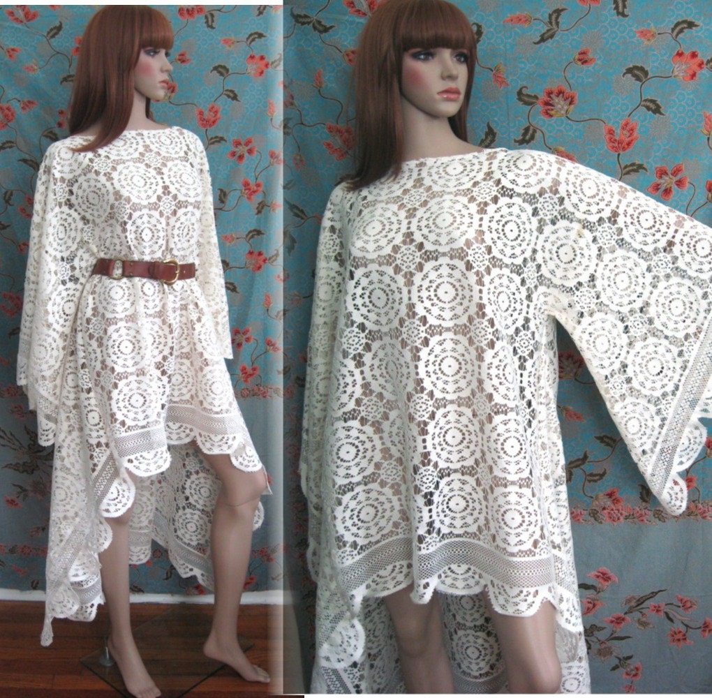70s HIPPIE BOHO crochet lace angel sleeve fishtail mini maxi dress OS