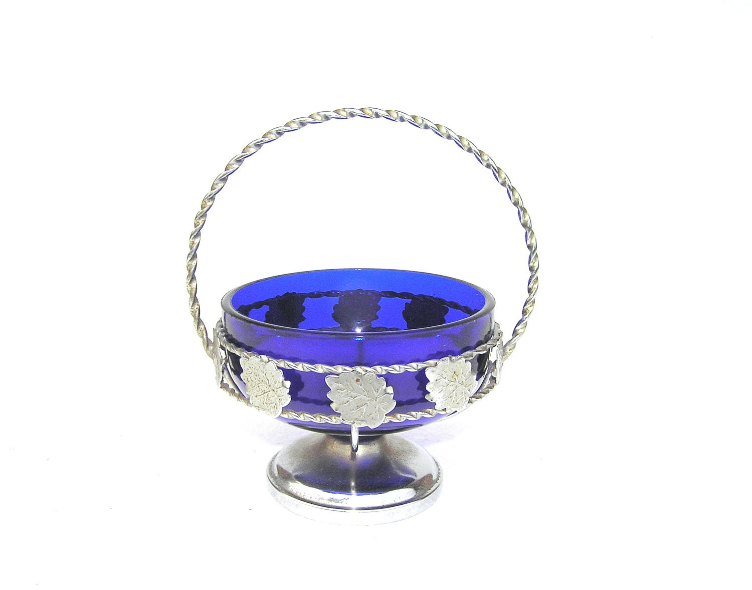 Cobalt blue sugar jar bowl vintage retro home decor kitchen table silver silvery leaves handle