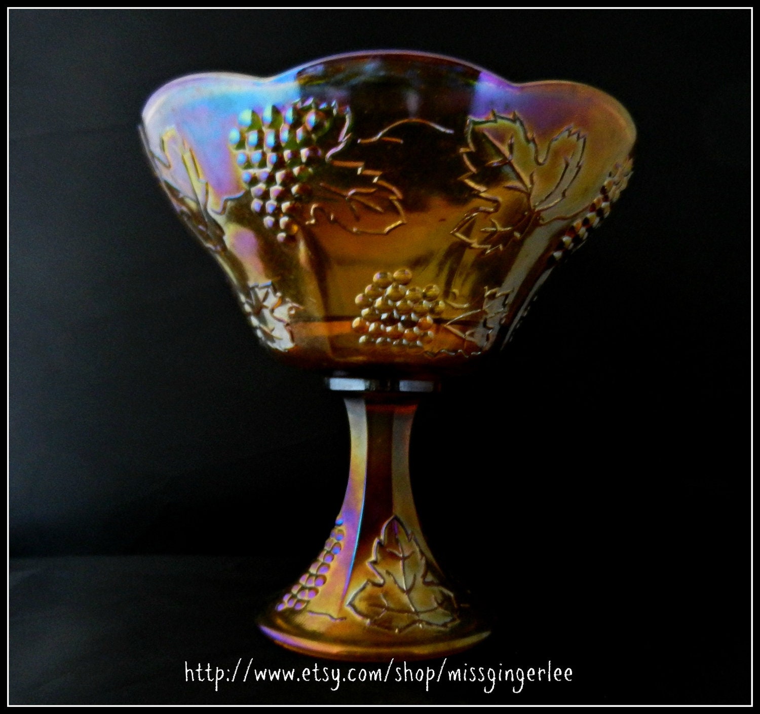Large Indiana Glass Marigold/Amber Iridescent Carnival Glass Grapes and Leaves Harvest Footed Compote Pedestal Serving Piece 1950s