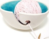 Yarn Bowl Turquoise and White Porcelain Pottery Yarn Keeper Yarn Feeder Knitting Bowl Stunning Medium  READY TO SHIP
