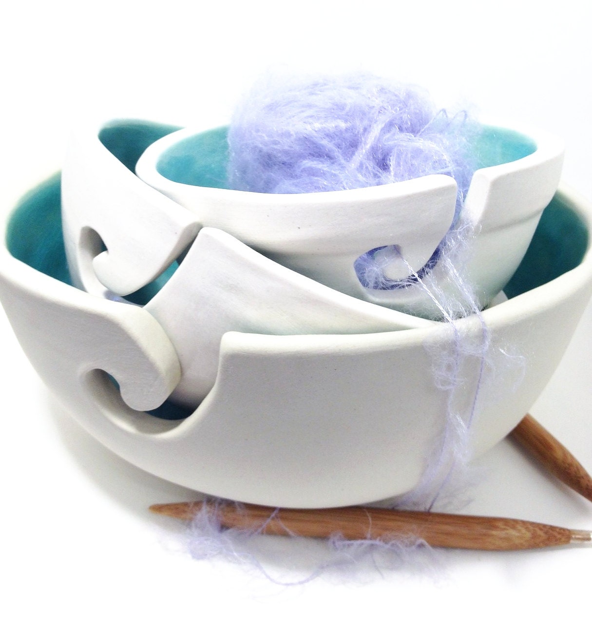 Porcelain Yarn Bowls Set Of 3 Nesting Knitting Crochet Yarn Bowls in White and Turquoise Stunning MADE TO ORDER