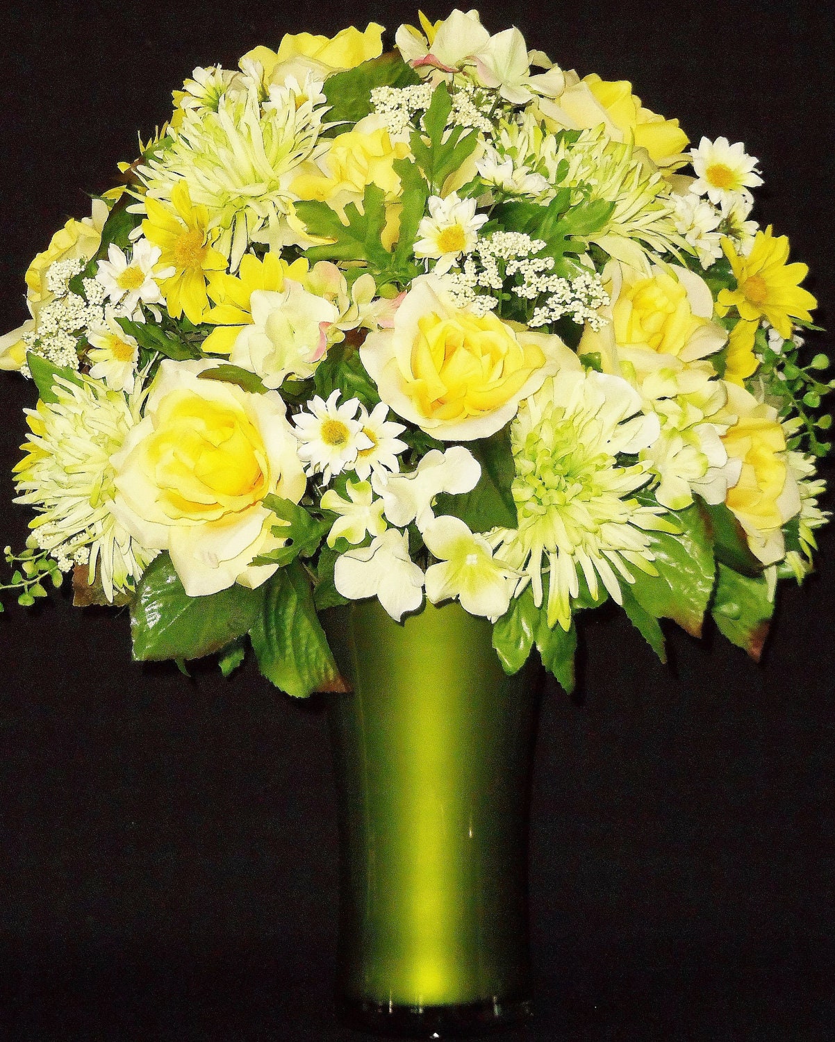 Silk Flower Arrangement Yellow Roses Lime by BeautyEverlasting