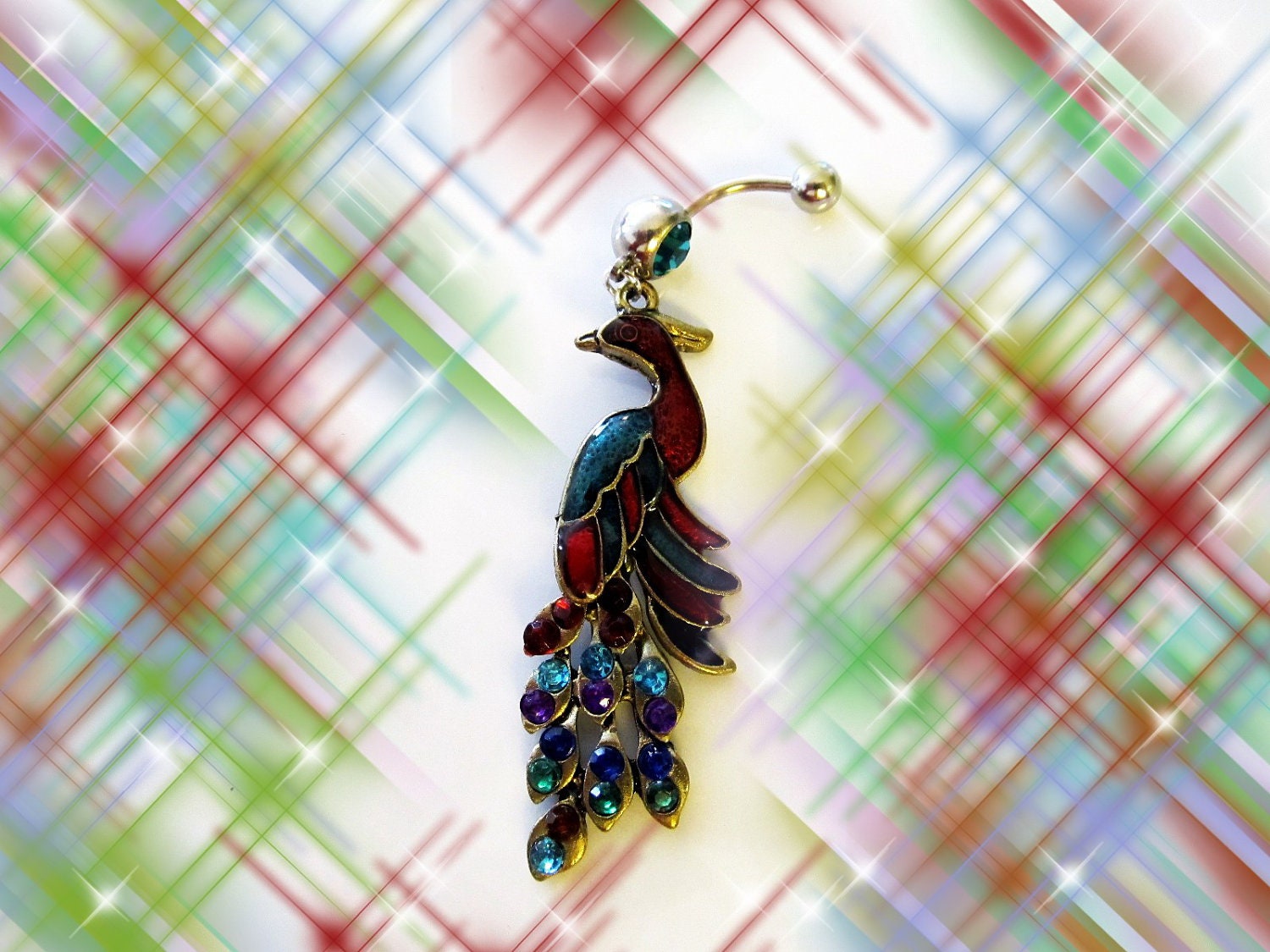 SALE---Belly Ring, Multi Colored Rhinestone Silver Peacock, Belly Button Ring, Belly Button Jewelry for Her