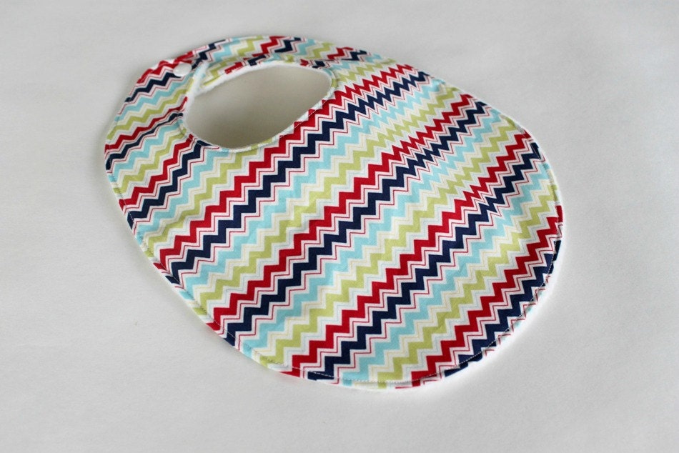 Baby Bib - Blue, Red, Green & White Chevrons