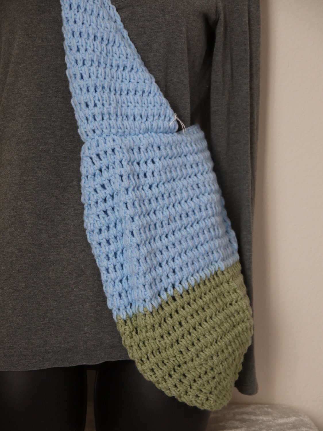 Crocheted Market Bag with Extra Long Handle in Blue and Green