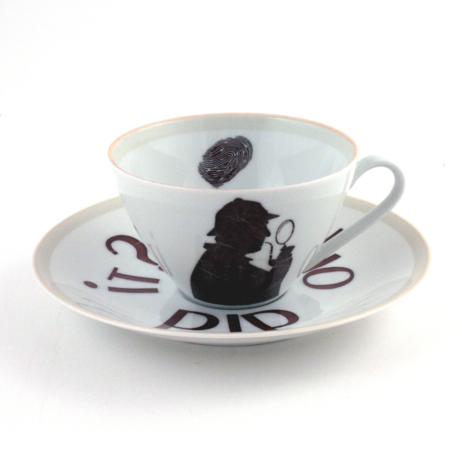 Recycled  Sherlock Holmes Vintage CupTea or Coffee Porcelain Who Did It White Brown BBC Television Serie Crime Story