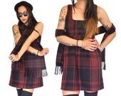 HOLA VINTAGE 90s Grunge Tartan Plaid Pinafore Dress - Schoolgirl Burgundy Black Babydoll Mini Dress - Short Plaid Winter Dress - Small