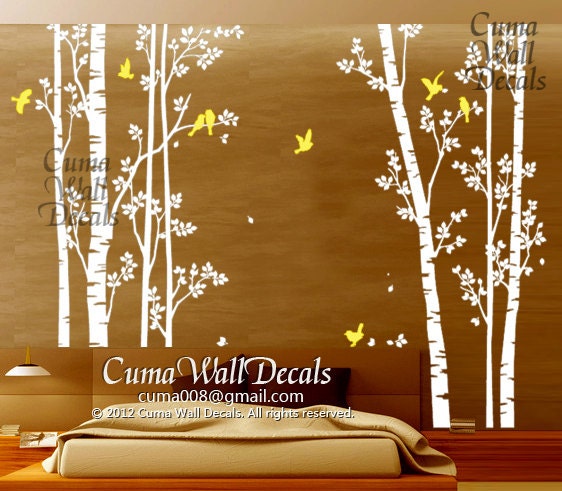tree wall decals birds nature forest Vinyl wall decals wall decal nursery wall sticker children - 7tree birds deers Z147 Cuma
