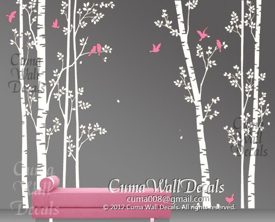 tree wall decal birds nature forest Vinyl wall decals wall decal nursery wall sticker children - 7tree birds deers Z147 Cuma