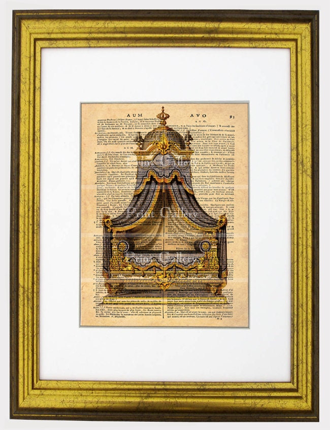 Antique French Canopy Bed Print Shabby Chic Engraving Dictionary Book Page Boudoir  Bedroom Wall Art Furniture Interior Design 8 x 10 fb 272