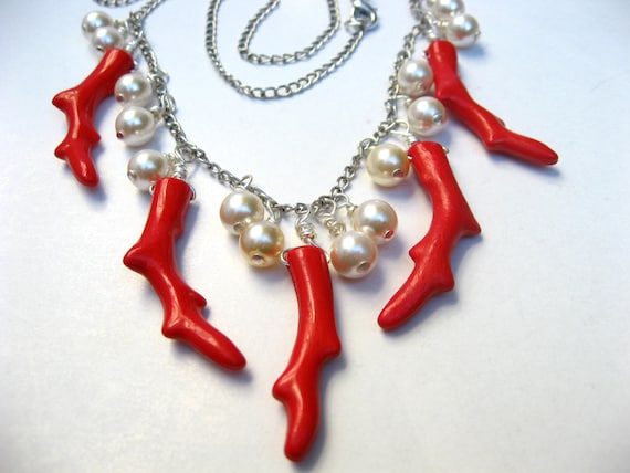 Coral Branch Necklace w/ Pearl Charm, Chain Bead Necklace, Wire Wrap, Playful Necklace
