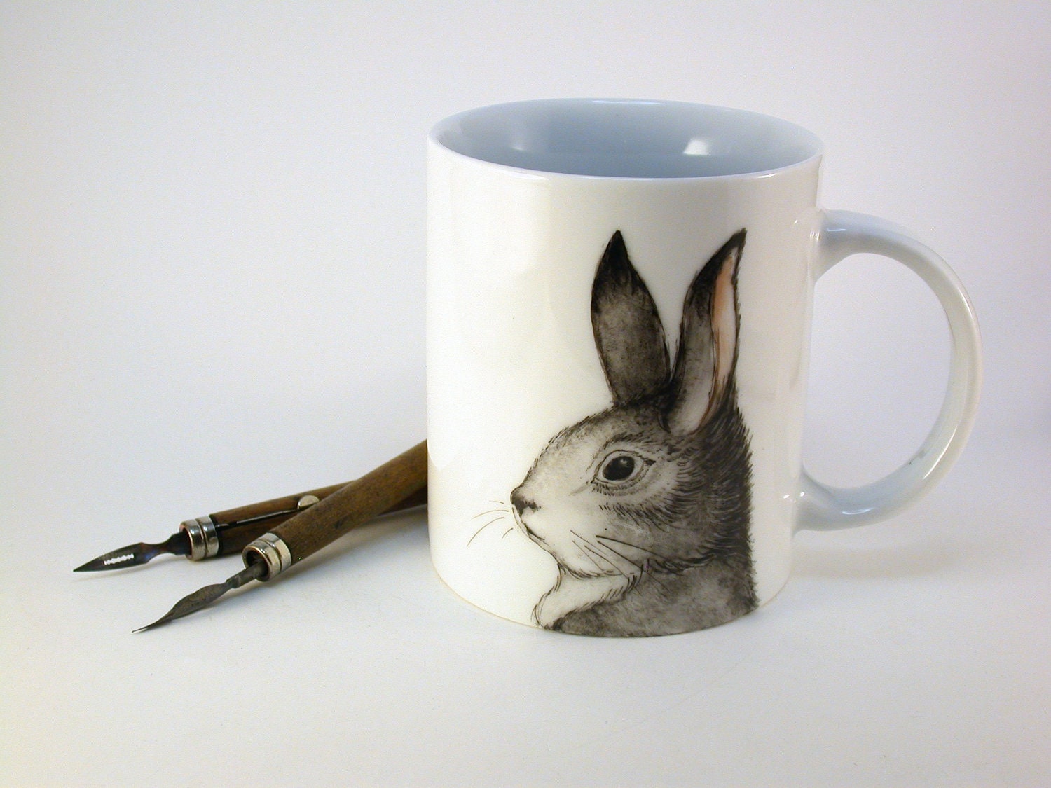 grey rabbit mug, handpainted porcelain cup easter rabbit march hare - madrab
