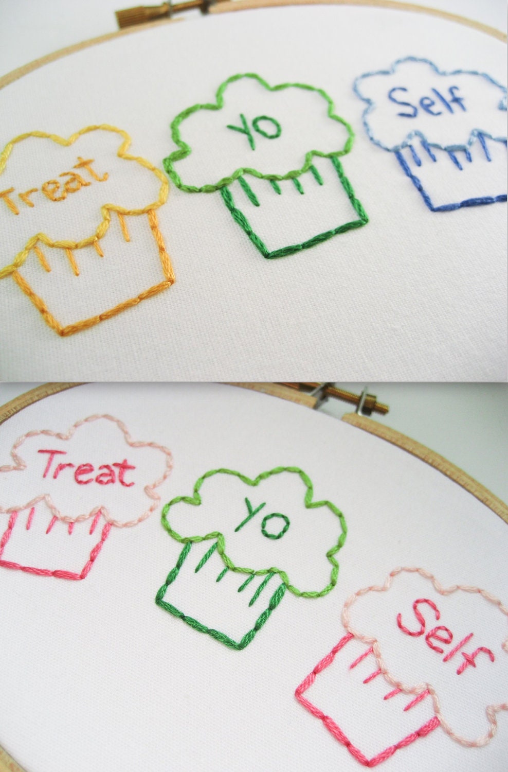 Treat Yo Self Embroidery Hoop Art : Parks and Rec TV Quote Hand Embroidered Cupcakes - Bright Colorful Home Decor