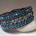 Beaded Leather Cuff, Triple Row Beaded, Blue Green Turquoise Sparkle, Boho Chic, Earthy
