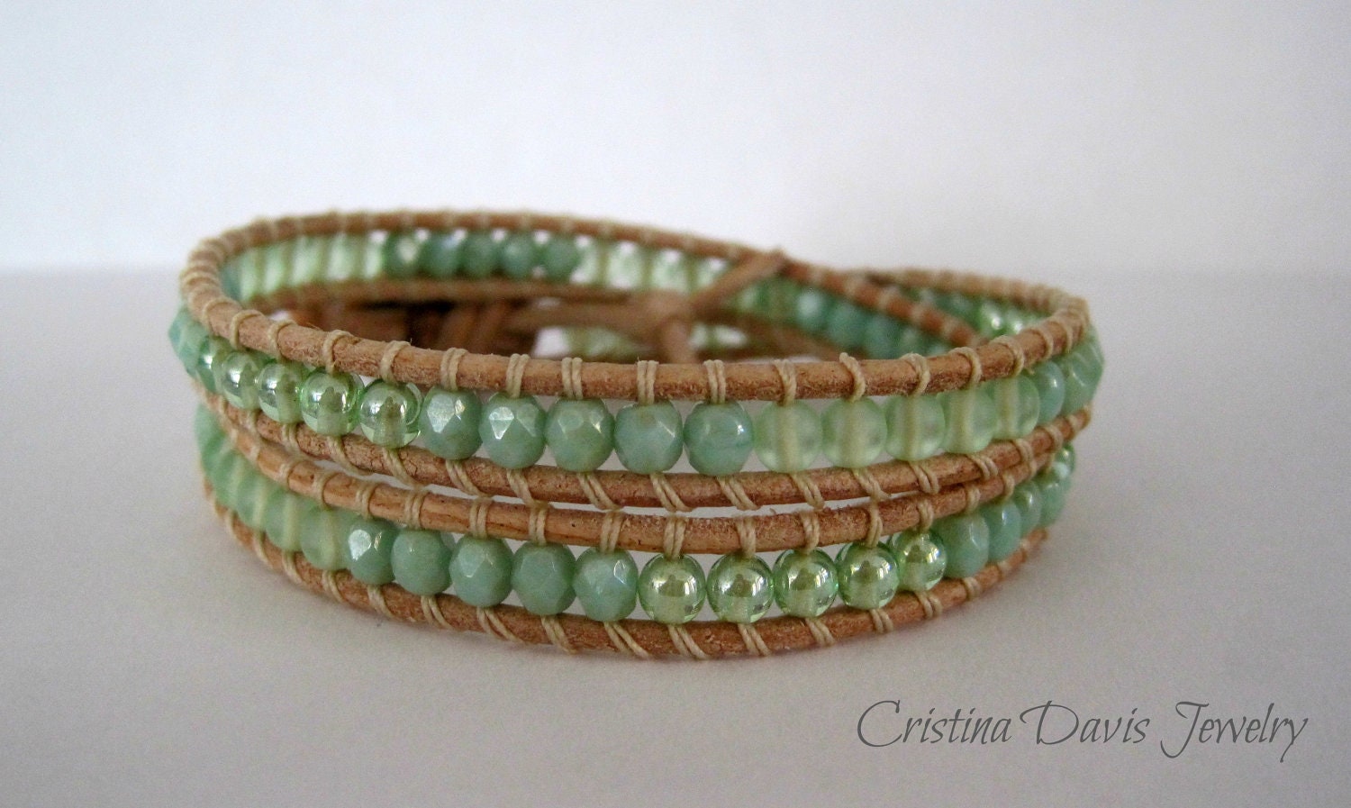 Leather Wrap Bracelet, Seafoam Stardust, peridot luster, seafoam frost, natural leather, boho chic, double wrap