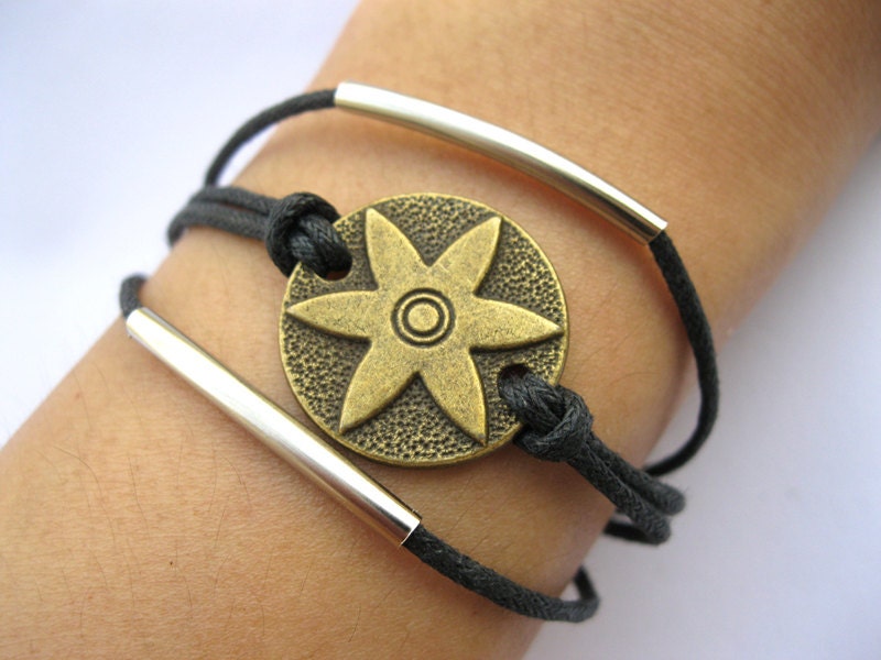 Bracelet-antique bronze flower bracelet,wax cords bracelet