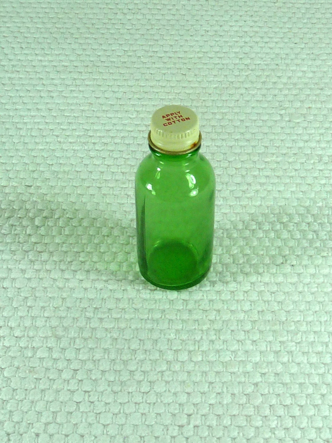 Small Vintage Green Glass "Apply With Cotton" Jar with Lid