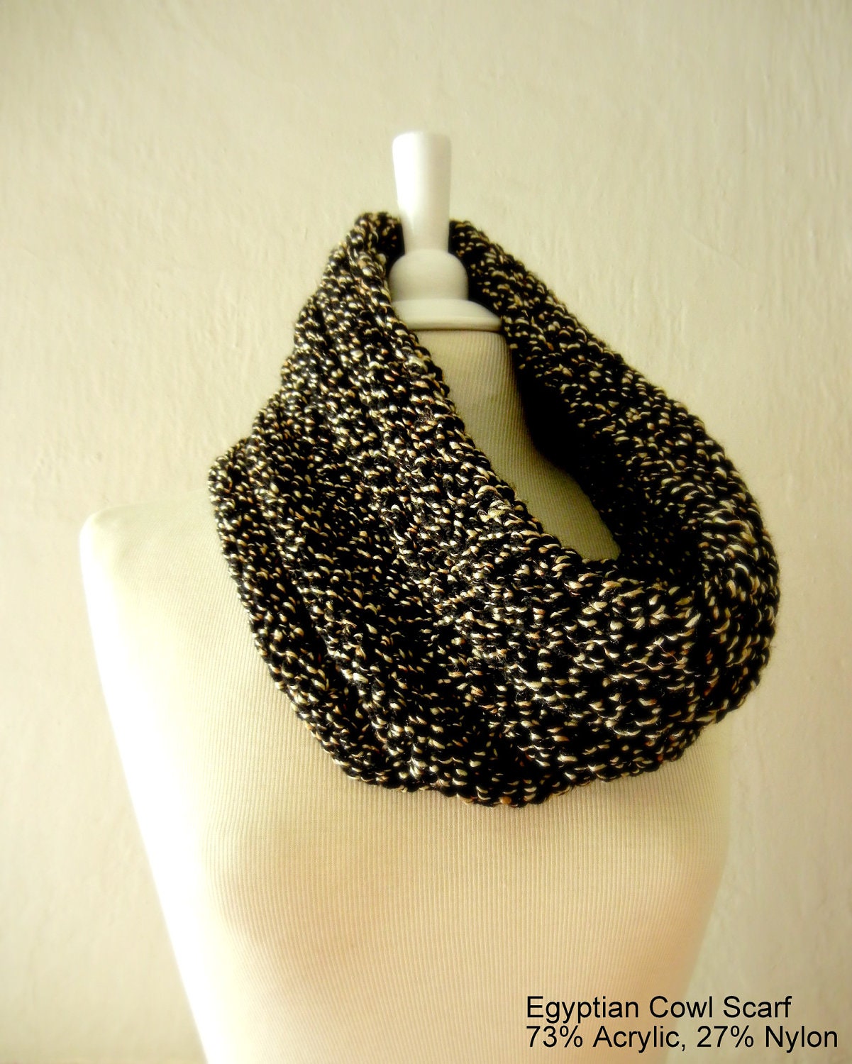 LIX PERLE  Egyptian Cowl Scarf: Black/Gold Circular Tube, Hand Knit