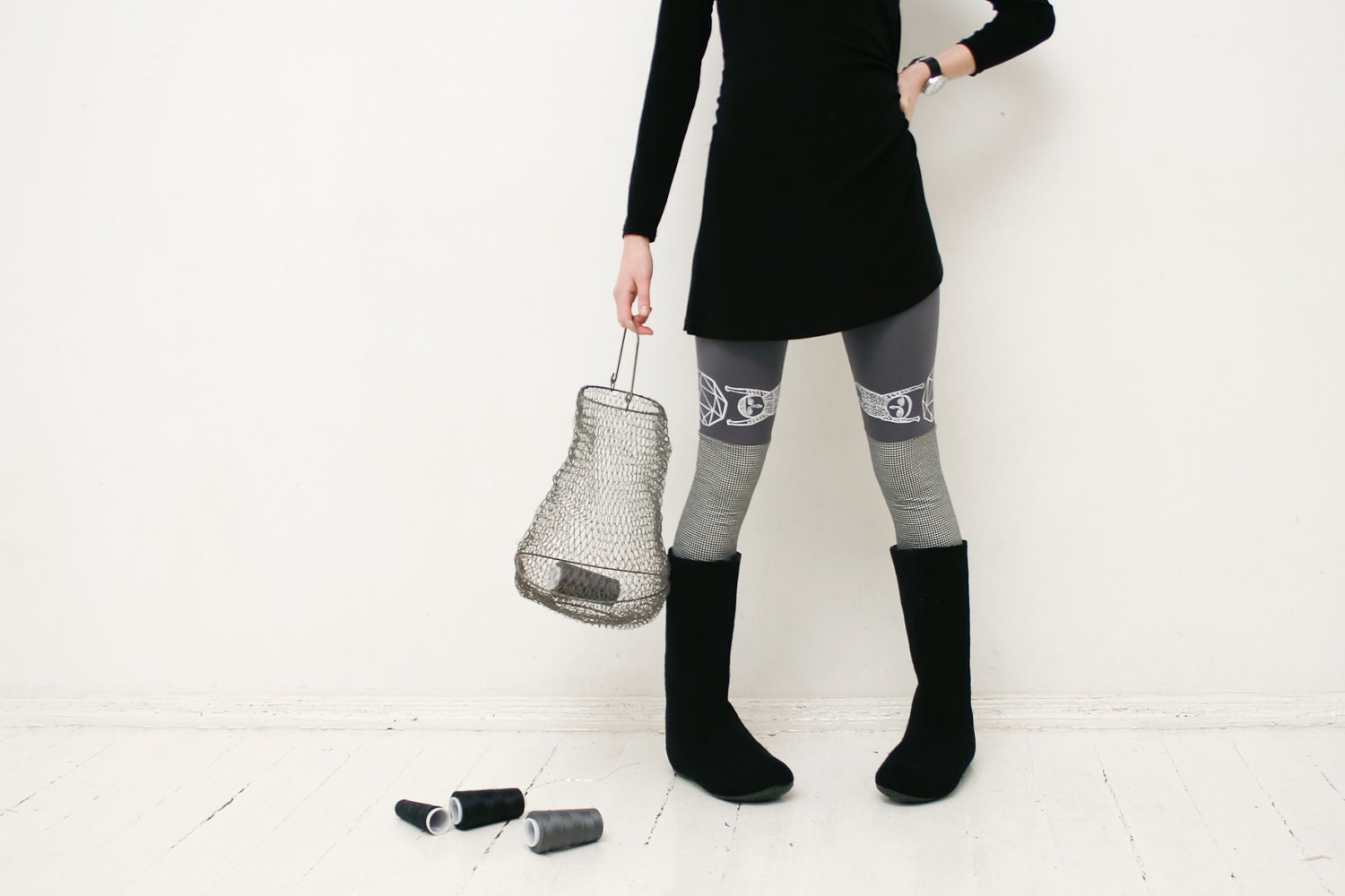 Dark gray and b&w plaid stocking leggings