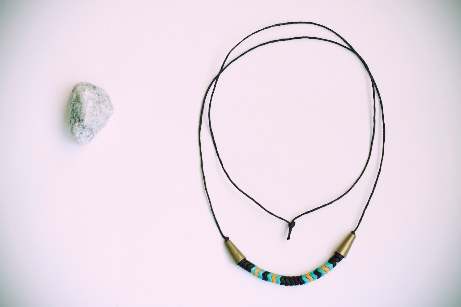 Light orange, sea green & black glass czech trade beads, long necklace.