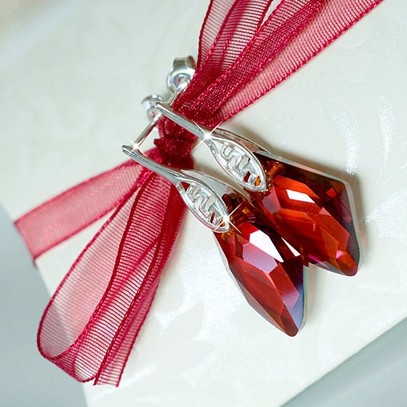Swarovski Red Magma Crystal Earrings, Red Bridesmaid Earrings. Red Swarovski Crystal Sterling Silver Jewelry. Silver Jewellery.