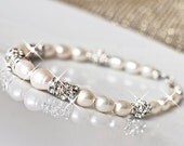 925 Sterling Silver Pearl Bridal Bracelet. Pearl Rhinestone Wedding Bracelet. Ivory Pearl Bridal Bracelet. Vintage Wedding Jewellery