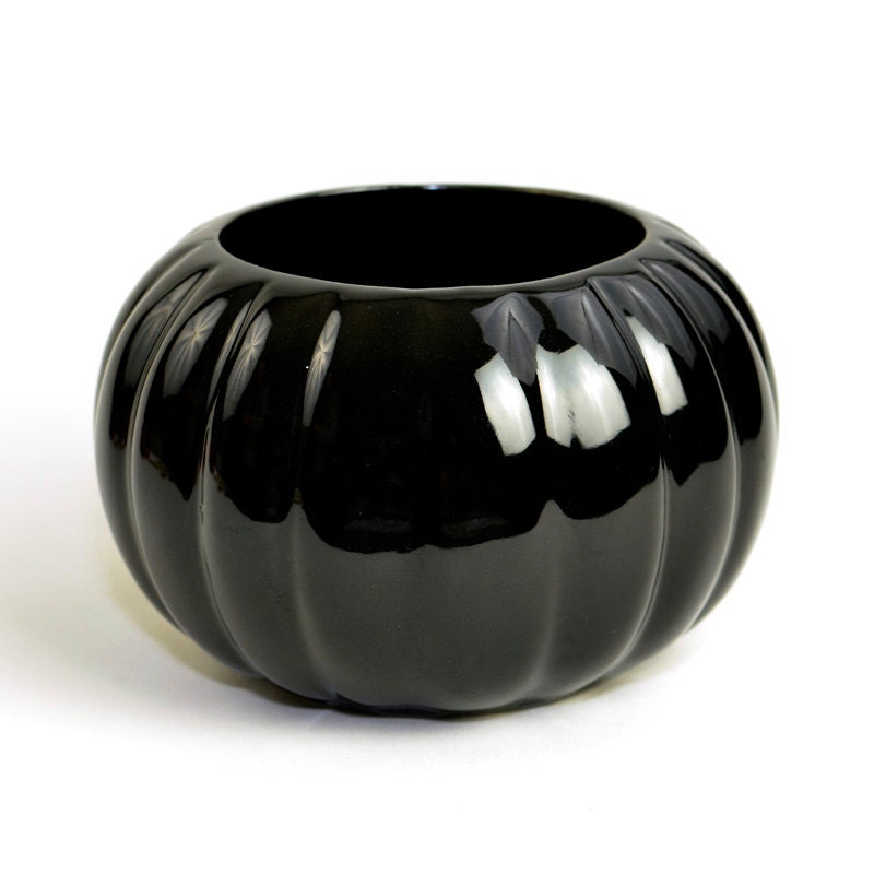 Black Decorative Planter - Sleek Round Modern Style, Ribbed and Reflective, Painted Ceramic - Vintage Home Decor