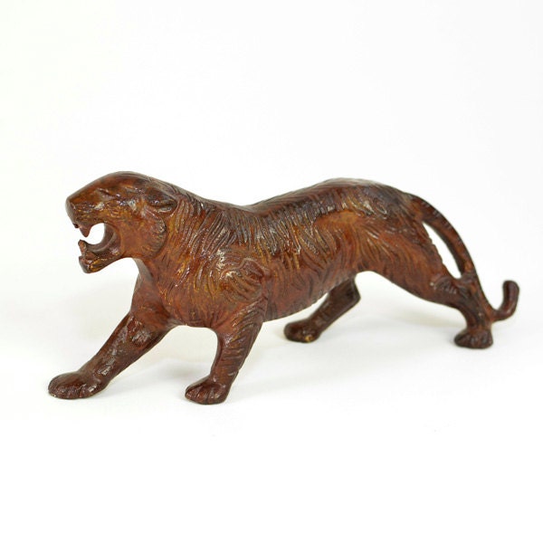 Bengal Tiger Statue Figurine - Large Brown Painted Brass - Vintage Collectible for Home Decor or Gift