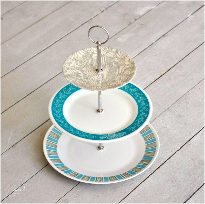 Skan Dinette: Cake Stand, 3 Tier, Vintage Cake Plate, Turquoise, Cupcake Display Retro Theme, Gift Set