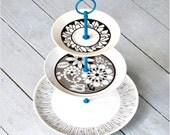 Fine Line: Cake Stand, Vintage 3 Tier Cake Stand, Black and White with a Pop of Blue
