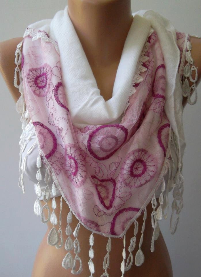 Mothers Day Gift White pink Shawl/ Scarf - Headband with Lace Edge