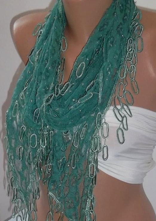 Gorgeous Scarf Emerald - lace and Elegance Scarf - with Lace Edge