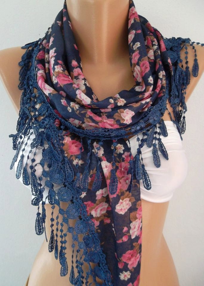 Georgeus Scarf   Elegance Scarf   Feminine Scarf ....Dark blue  Pink flowered