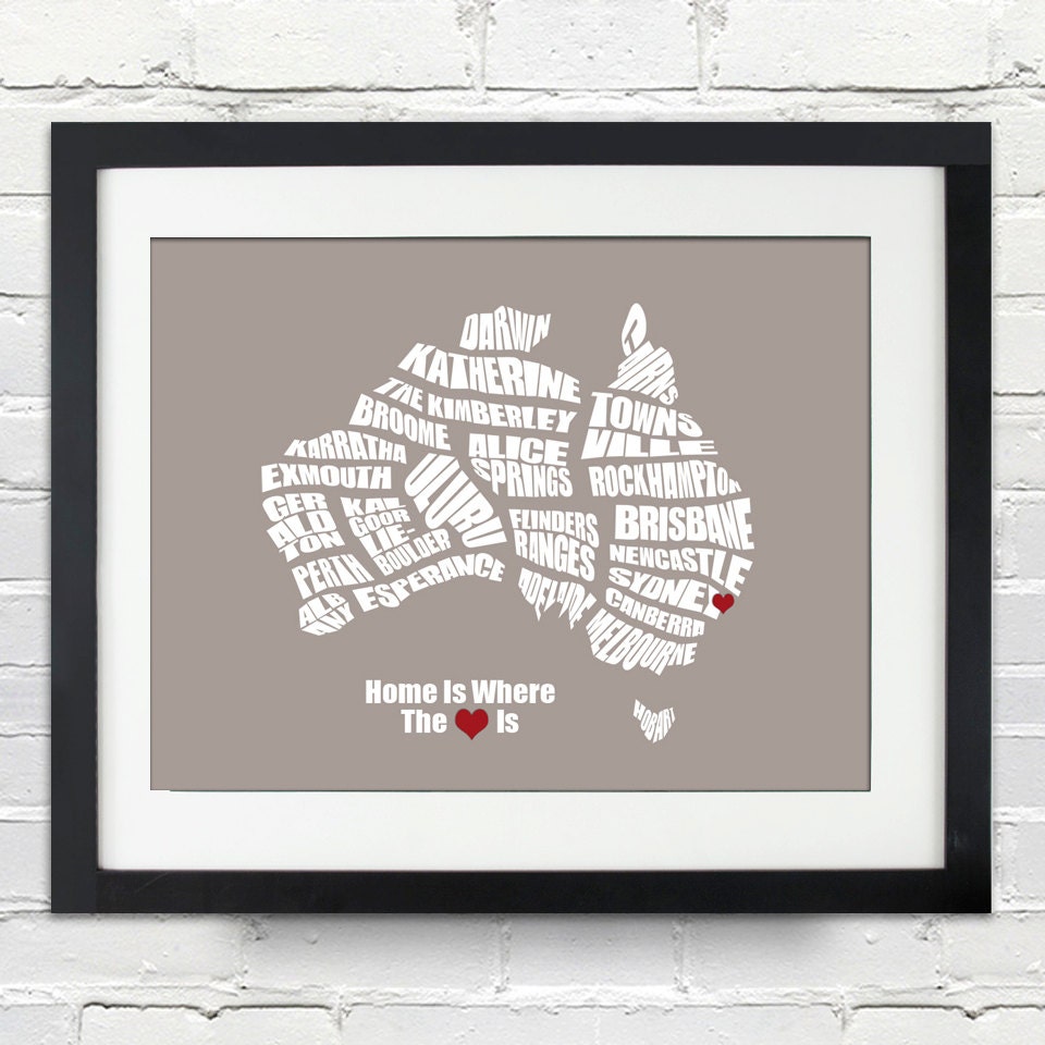 Home is Where the Heart Is - Australia Word Map - 8x10 - Perfect Wedding or Anniversary Gift
