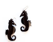 Black Seahorse Earrings, Upcycled Bike Tire silhouette seahorse jewelry