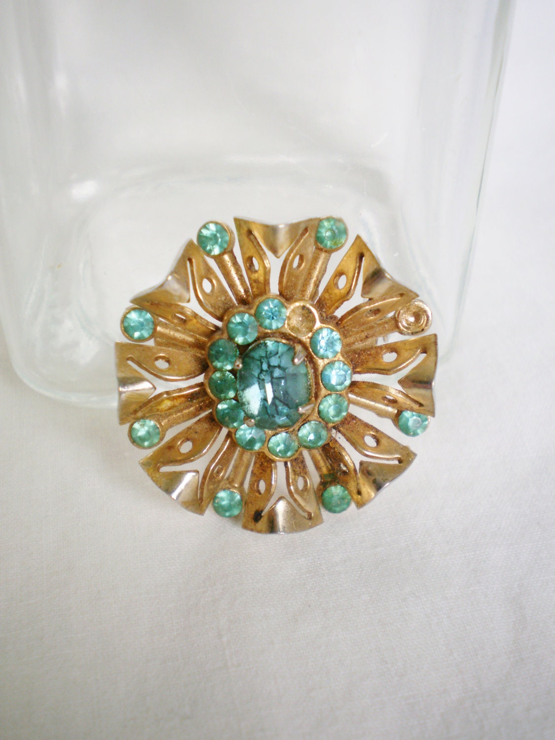 Vintage Coro Rhinestone Brooch - 1970s Circular Green Teal Starburst Fan Design Gold Tone