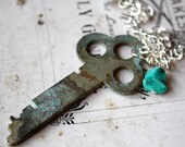 Upcycled Vintage Industrial Key Charm Necklace with Turquoise and Natural Stones