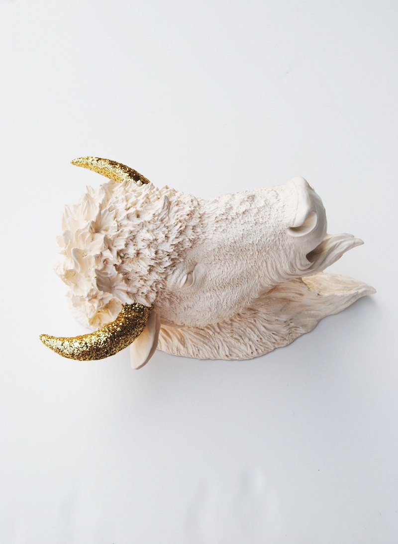 Faux Bison - The Kersey - Antique White Resin Bison Head w/Gold Glitter Horns- Buffalo Resin Antique White Faux Taxidermy- Chic & Trendy