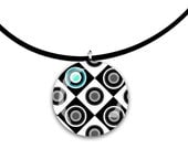 Squares and Circles pendant, black and white, aqua teal turquoise cyan, glass tile pendant
