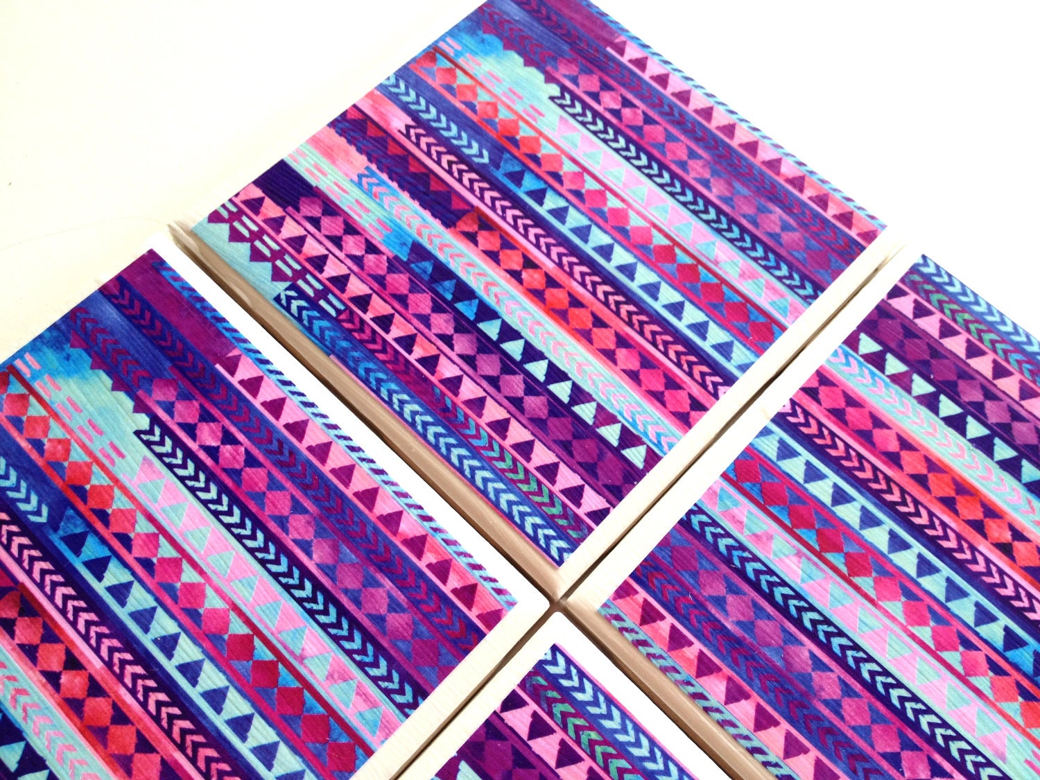 Purple Tribal Coasters, Ceramic Tile Coasters, Tribal Art Design, Triangle Art, Purple Home Decor