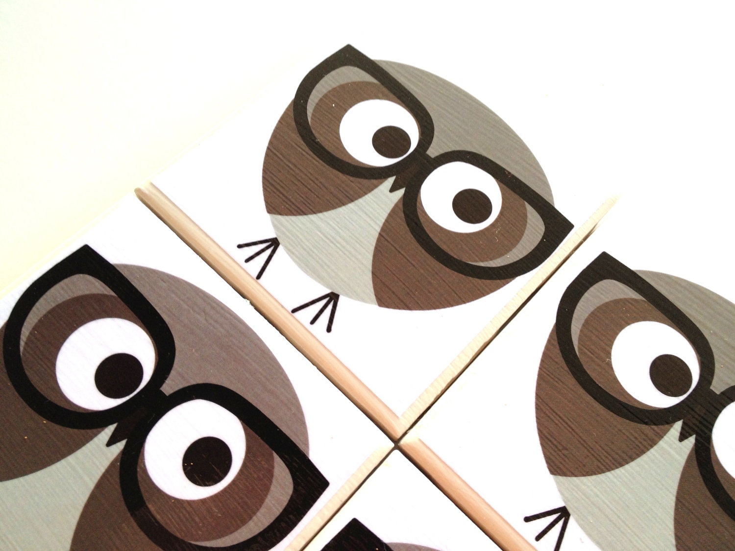 Geek Owl Tile Coasters Set, Ceramic, Black Glasses, Table Drink Protector, Nerd Bird