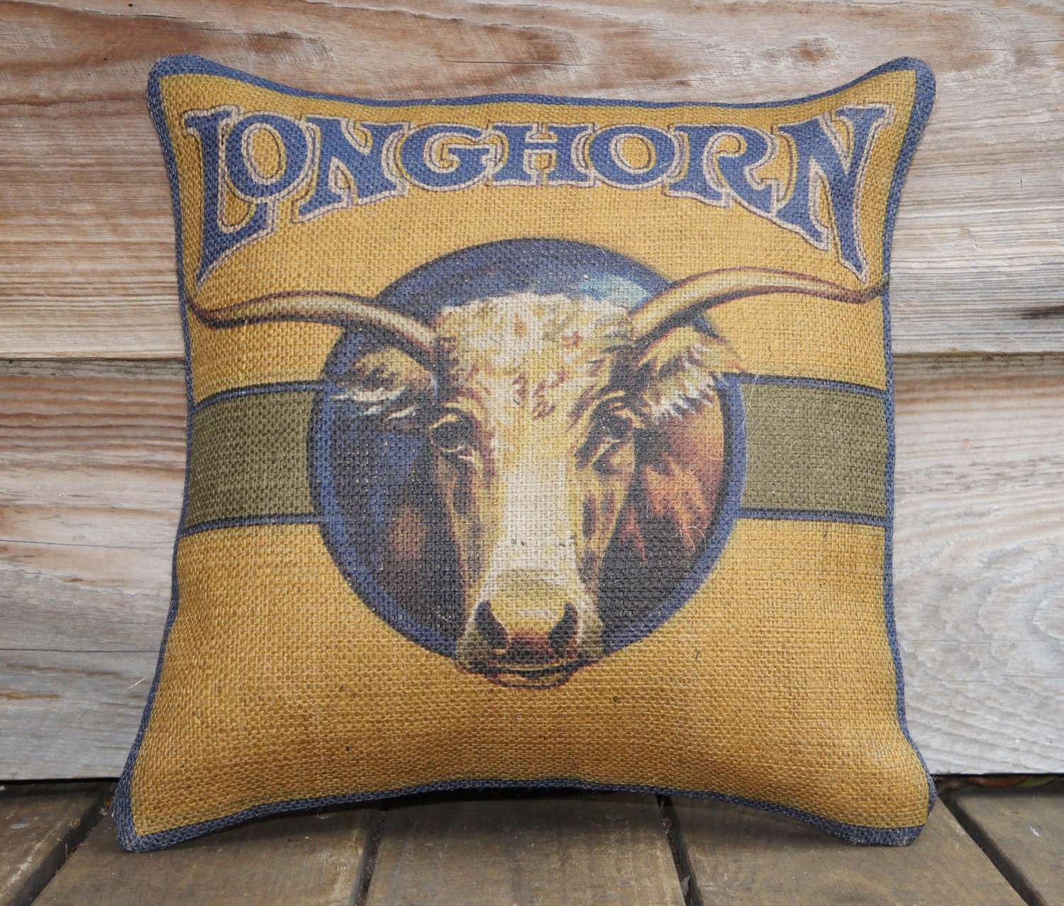 Longhorn Pillow Cover, Burlap Throw Pillow, Country Living, 16x16