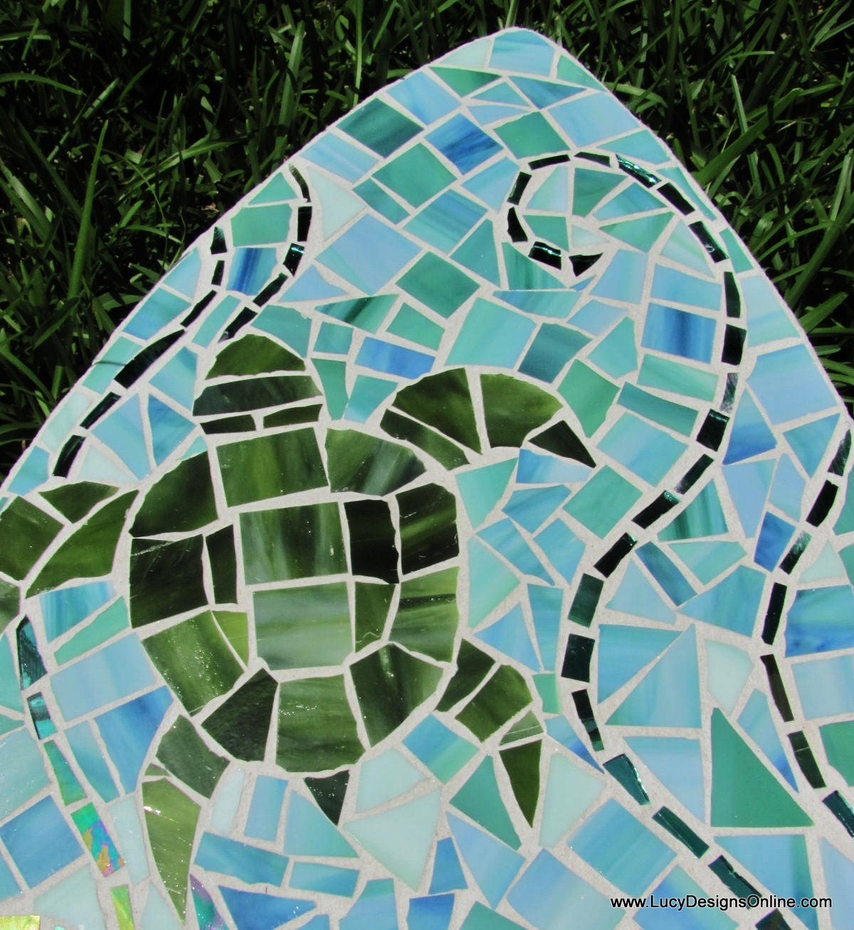 Stained Glass Mosaic Surfboard 5ft  Wall Art on Wood Base - Sea Turtles, Ocean and Coral