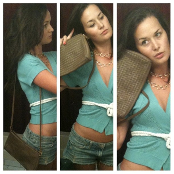 Woven Leather Ganson Purse in Taupe. Skinny Strap, Gold Hardware.