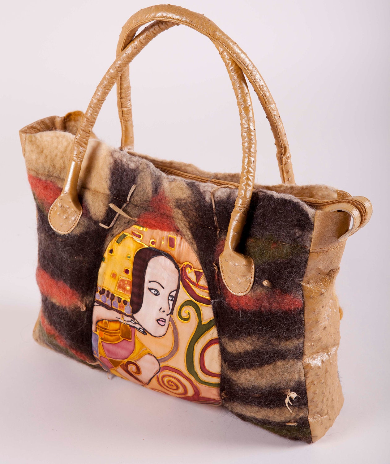 Felt Bag - Wool Hand Bags , Felted Wool Purse, Klimt, Wet Felted Bags Ostrich Leather Handbag Earth tone