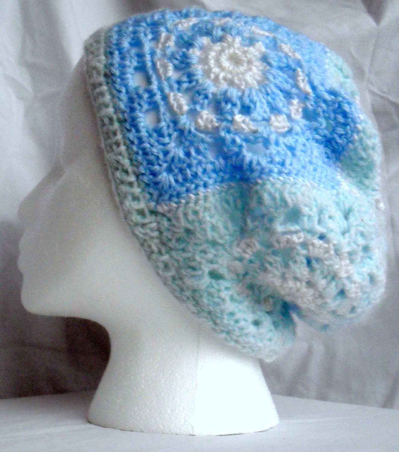 Adult's Slouchy Beanie- Snowflake Blue, White and Green Granny Square Crochet Hat with Free Shipping