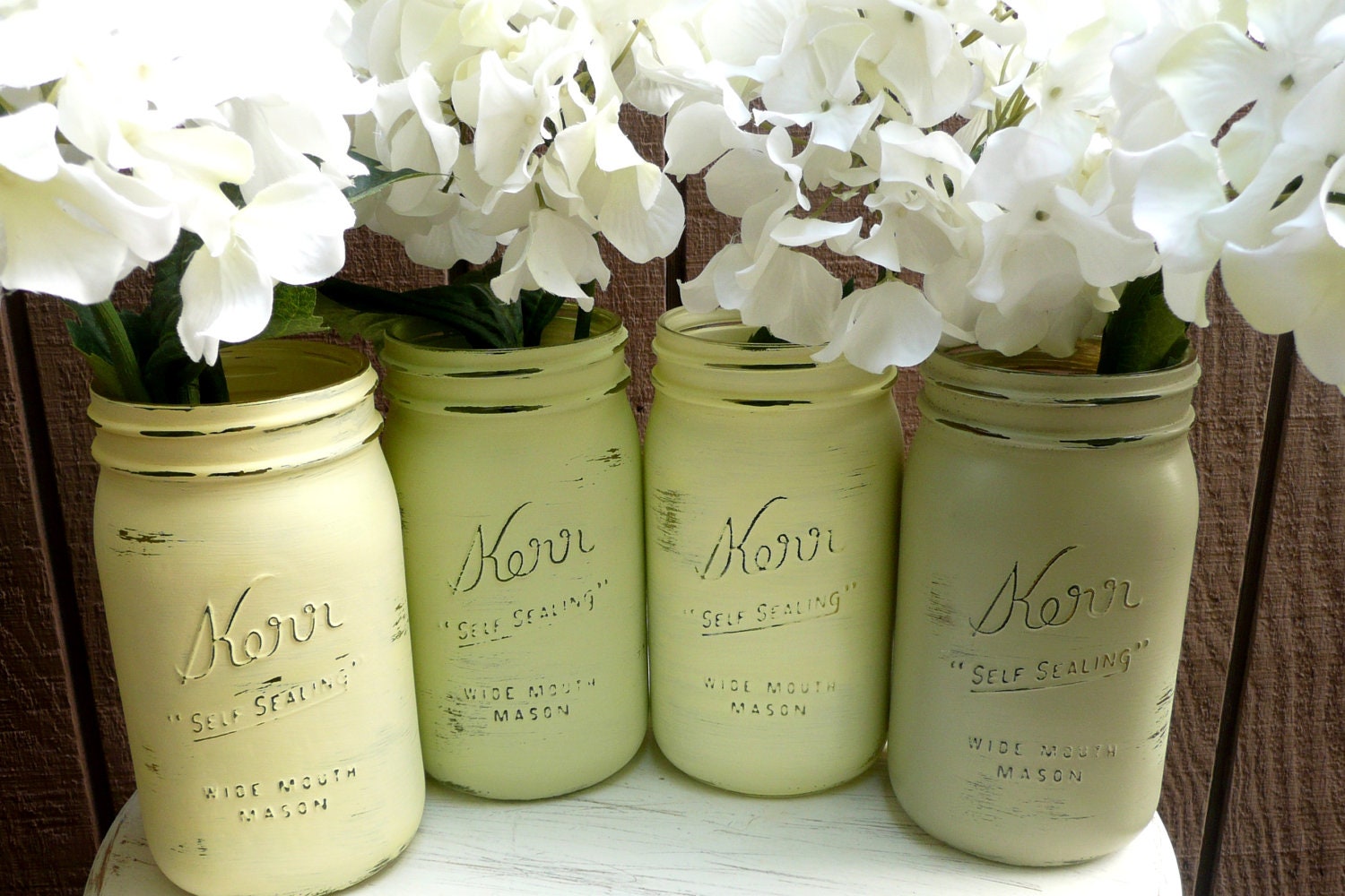 SPRING and SUMMER Wedding and Home Decor - Painted Mason Jars - Greens and Yellows - Vase - BeachBlues