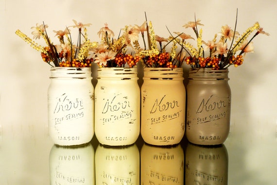 Home Decor Centerpiece - Painted and Distressed Shabby Chic Mason Jars - Vases - Harvest pint